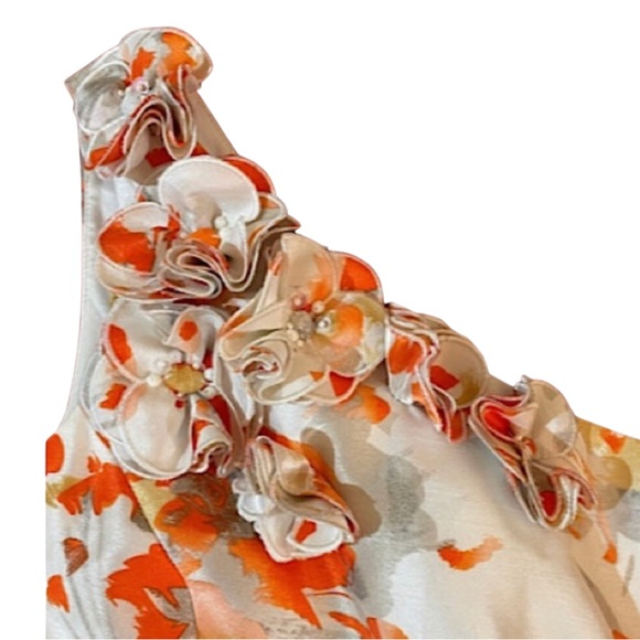 Tahari ASL Spring Floral Dress Sz 10 Ivory Orange Gray Gold Shimmer Silky - Picture 3 of 5